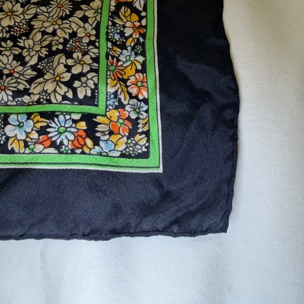Golden Camel Vintage 100% Silk Scarf Floral Border Hand Rolled Navy Cream 30x30